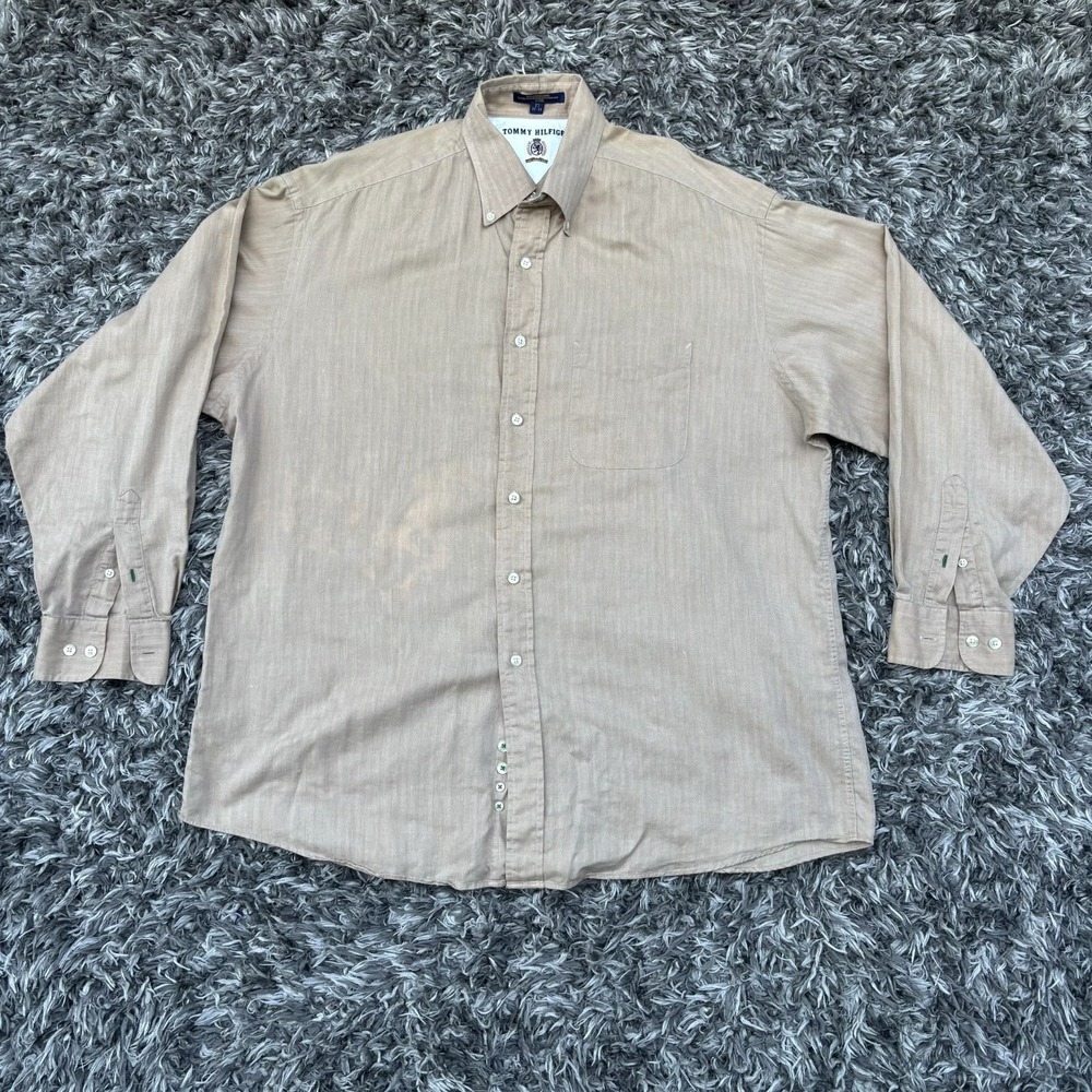 Tommy Hilfiger Mens 17 34/35 Tan Herringbone Cotton Button Down Shirt Vintage